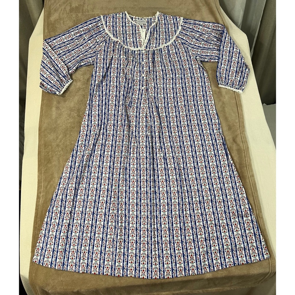 Lanz of Salzburg Nightgown Women's 1X Blue White Stripe Floral Cotton Lace NEW